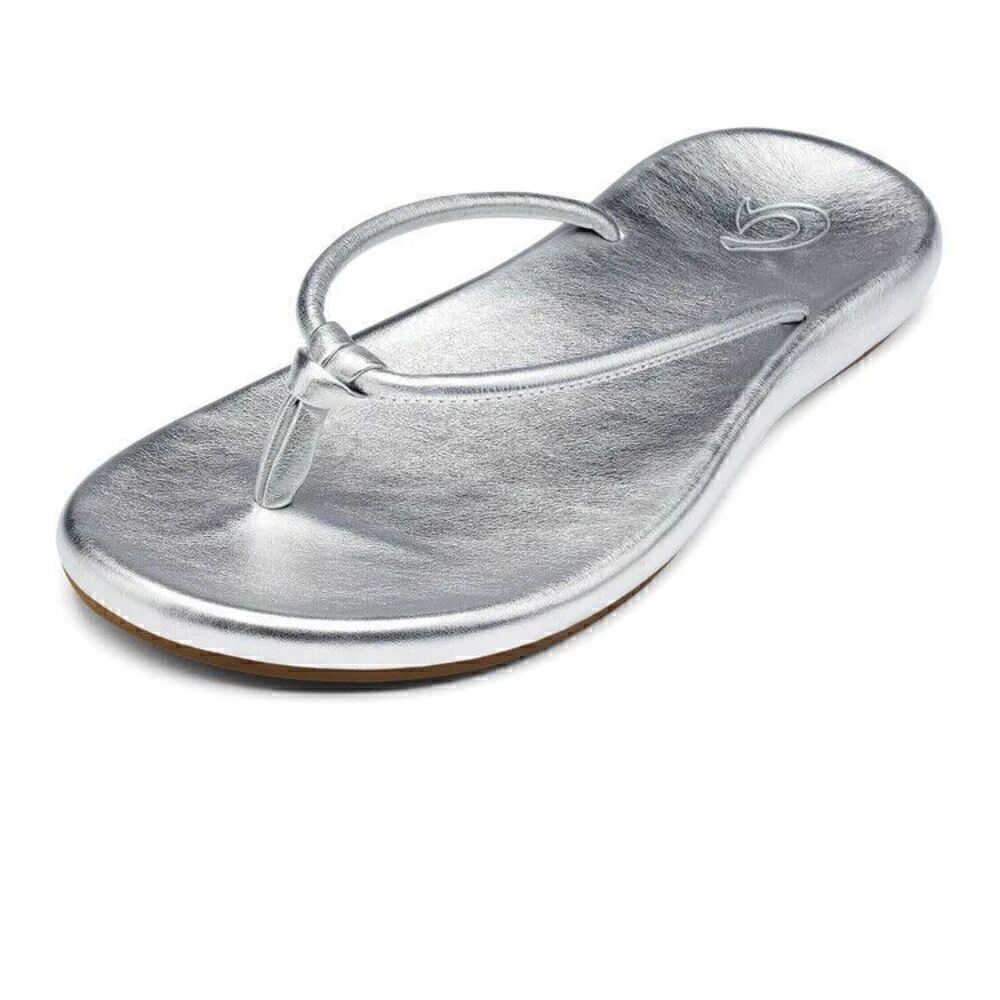 New $120 Women's Olukai Huawai Leather Thong Sandals Size 11 Silver Flip Flops